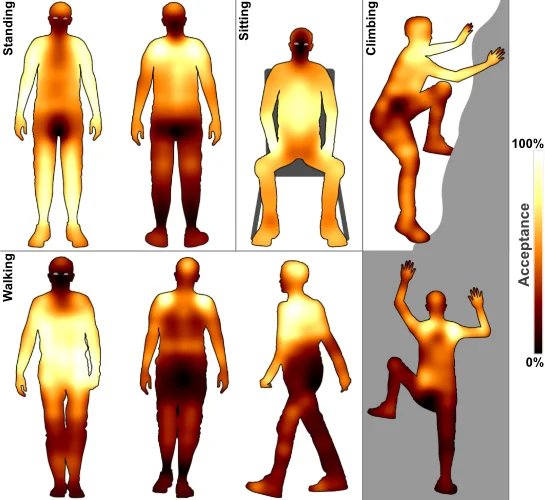 Location preferences for drone landings on the human body while standing, sitting, walking, and climbing.